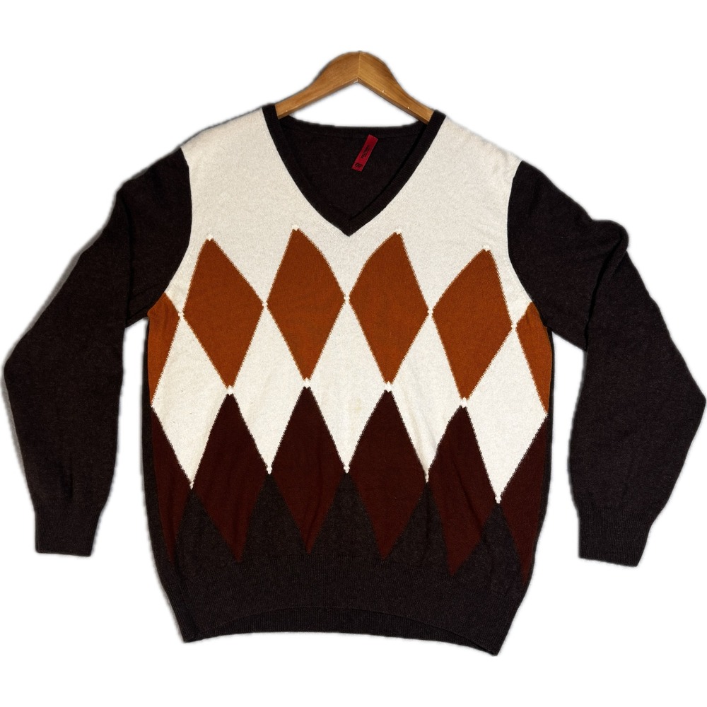 Beltrami Mens 100% Cashmere Argyle V-Neck‎ Sweater Brown Orange Italy Size 56